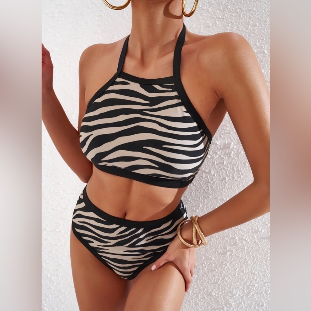 NEW Black & Beige Zebra Print 2 Piece Halter Top High Waist Bottoms Bathing Suit